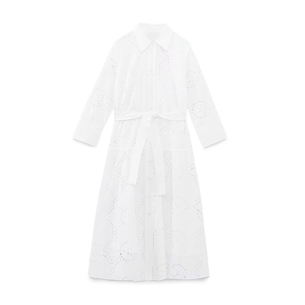 Wind Summer Women's New White Long-Sleeved Embroidered Midi Dress