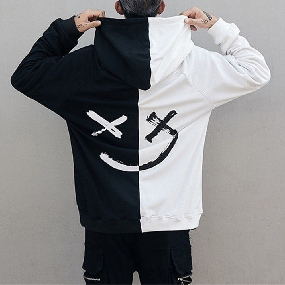 Men's Casual Fashion Color Matching Smiley Hoodie Long Sleeve Sports Hooded Top Men's Wear