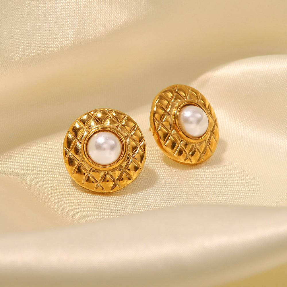 5pcs New 18K Gold Plated Fashion Plaid With Pearl Stud Earrings Fashion Everything Earrings