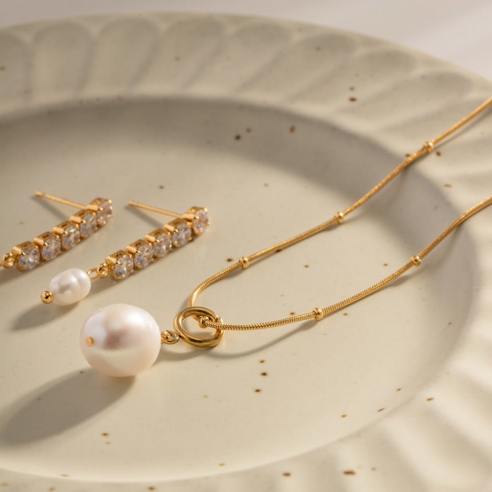 5pcs Fresh Stainless Steel Necklace Does Not Fade Simple Chain Natural Pearl Pendant Necklace Accessories