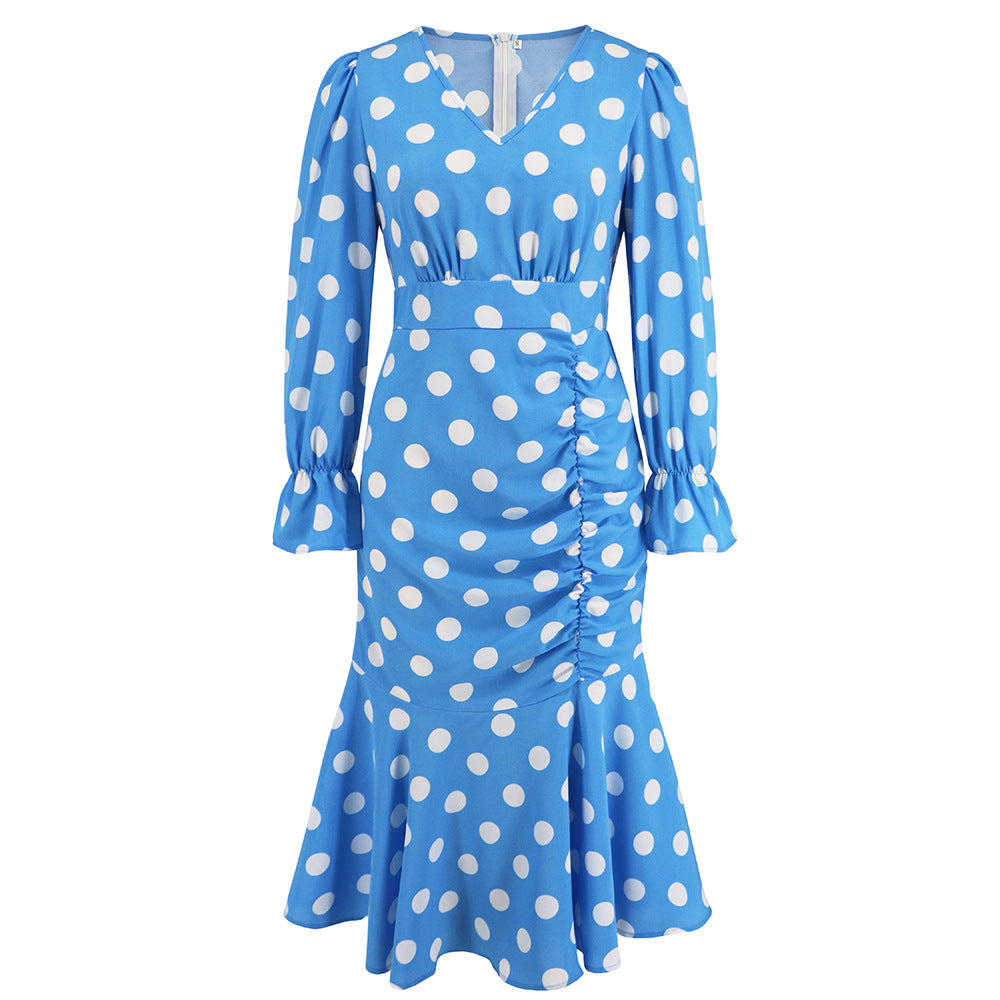 Sexy Polka Dot V-Neck Long-Sleeved Dress Pleated Fishtail Skirt Slim Temperament Long Skirt Women Plus Size