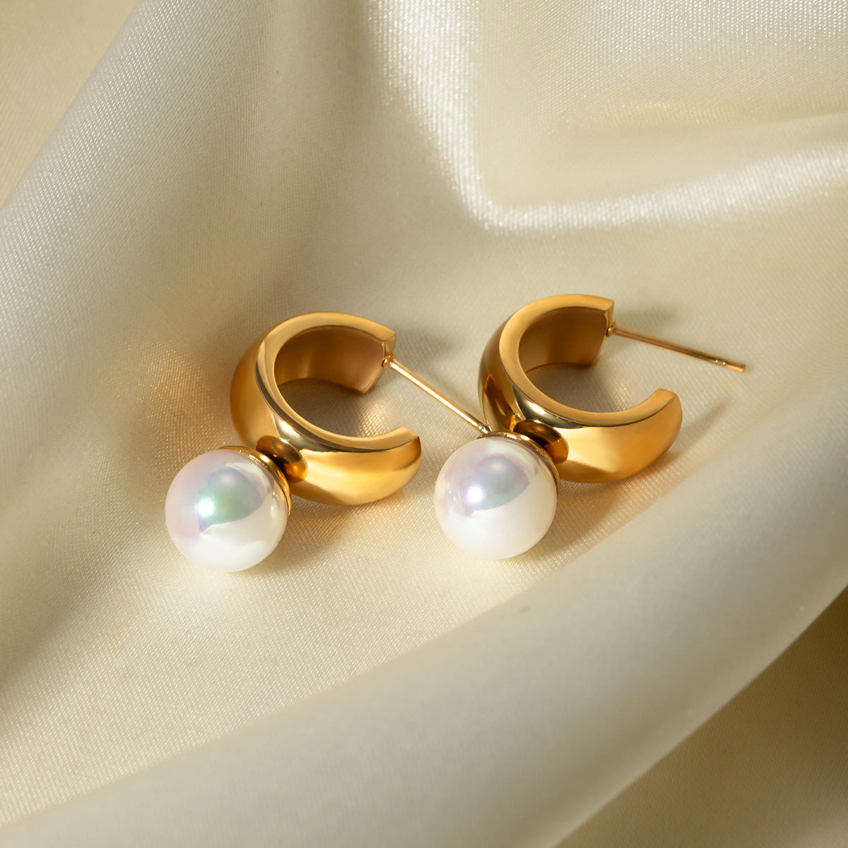 5pcs New Titanium Steel Earrings 18K Gold Stainless Steel Smooth C-Shaped Pearl Earrings