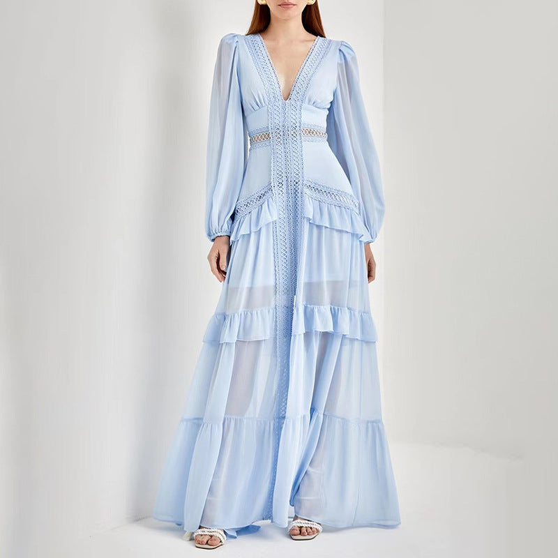 Royal Style Spring Deep V-Neck Lace Hollow Design Long Long Sleeve Solid Color Slit Dress