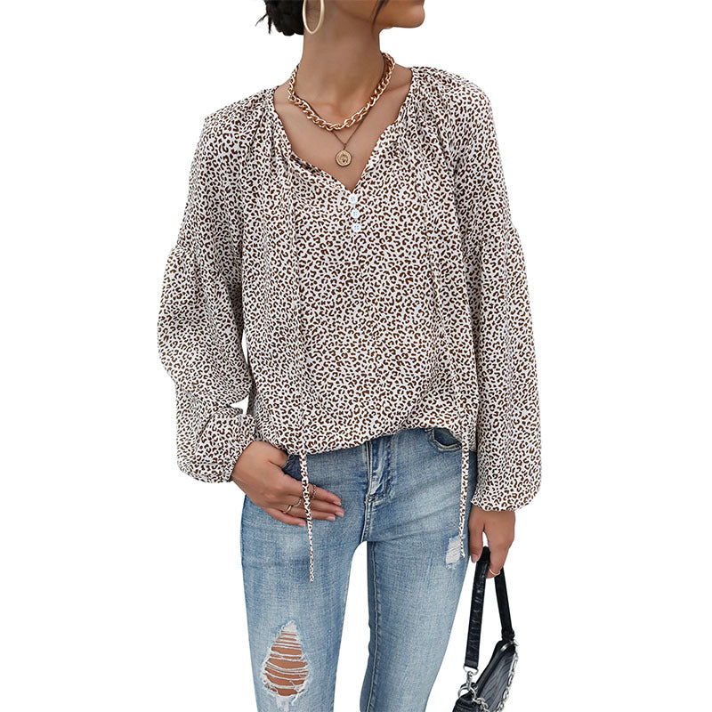 New Vintage Blouse  Long Sleeve Drawstring Leopard V-Neck Shirt