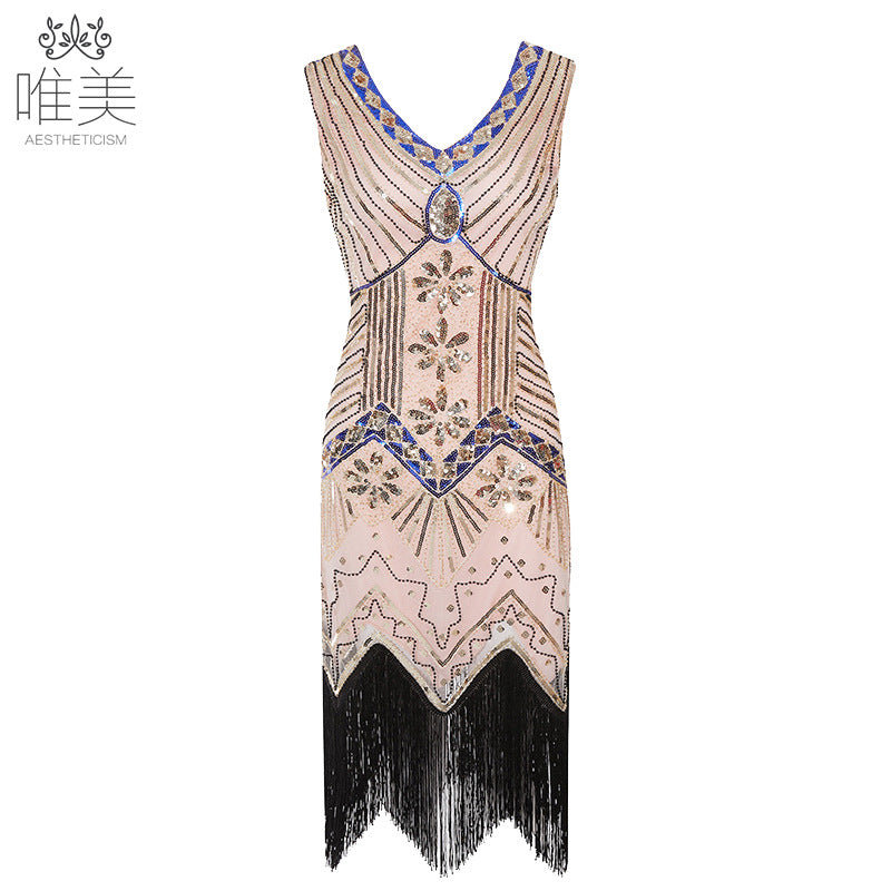 Vintage Style Sequined Beaded Dress Front And Back V-Neck Fashion Fringe Dress Exploded