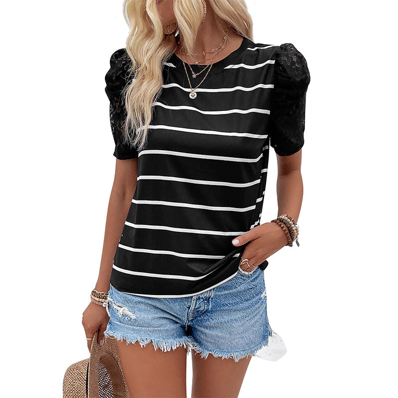 Summer New Women's Short-Sleeved Striped Slim Top