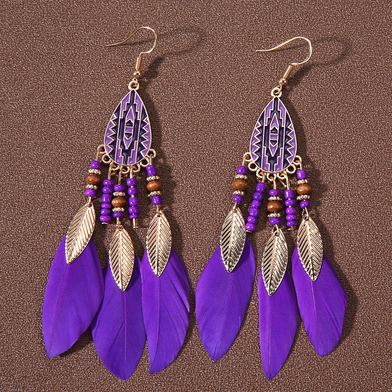 Water Drop Fringe Feather Earrings Women's Long Boho Rice Beads Ears Ethnic Wind Travel Holiday Accessories