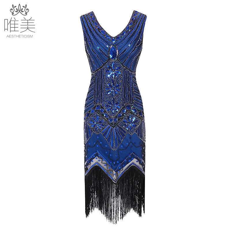 Vintage Style Sequined Beaded Dress Front And Back V-Neck Fashion Fringe Dress Exploded
