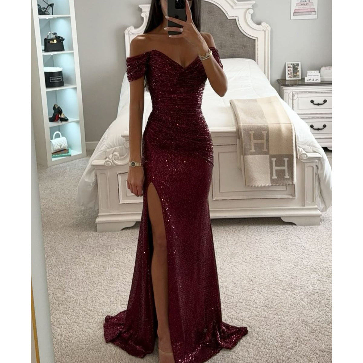 New Party Sequin One-Line Neck Slit Dress Casual Fashion Dress For Women