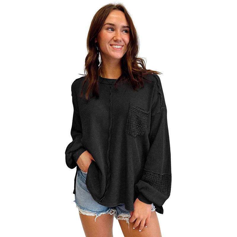 Autumn New Open Seam Patchwork Waffle Sweatshirt Women Casual With All Round Neck Pullover Women
