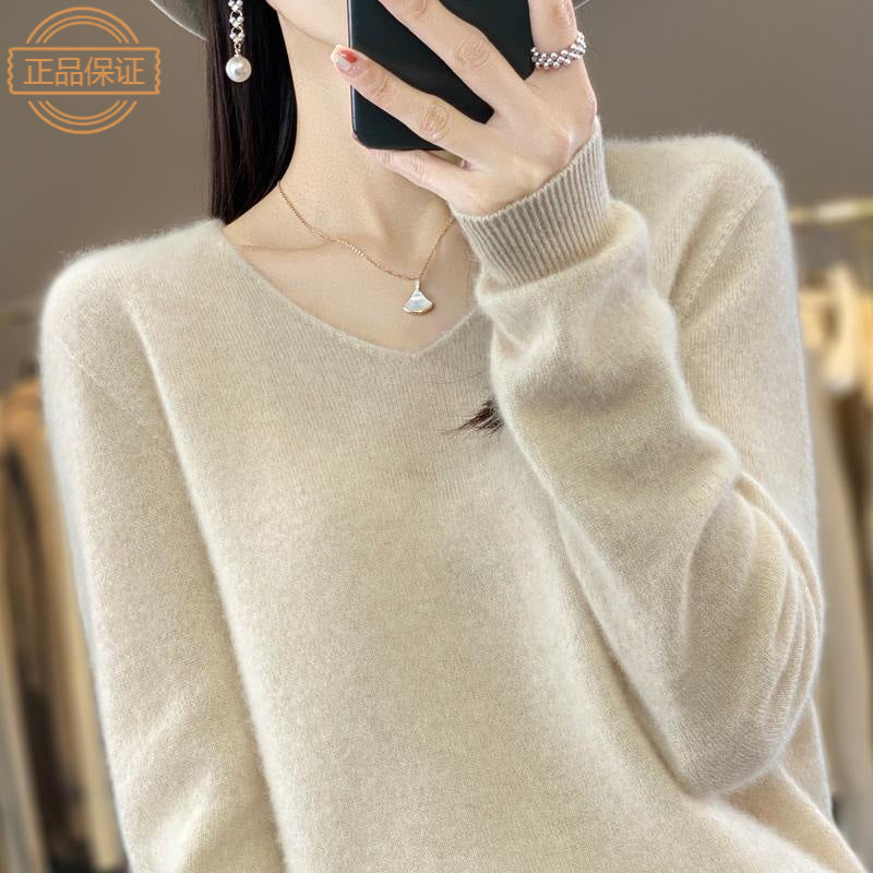 100 Pure Wool Knitwear Women's V-Neck Pullover Loose Base Shirt Autumn And Winter New Solid Color Sweater