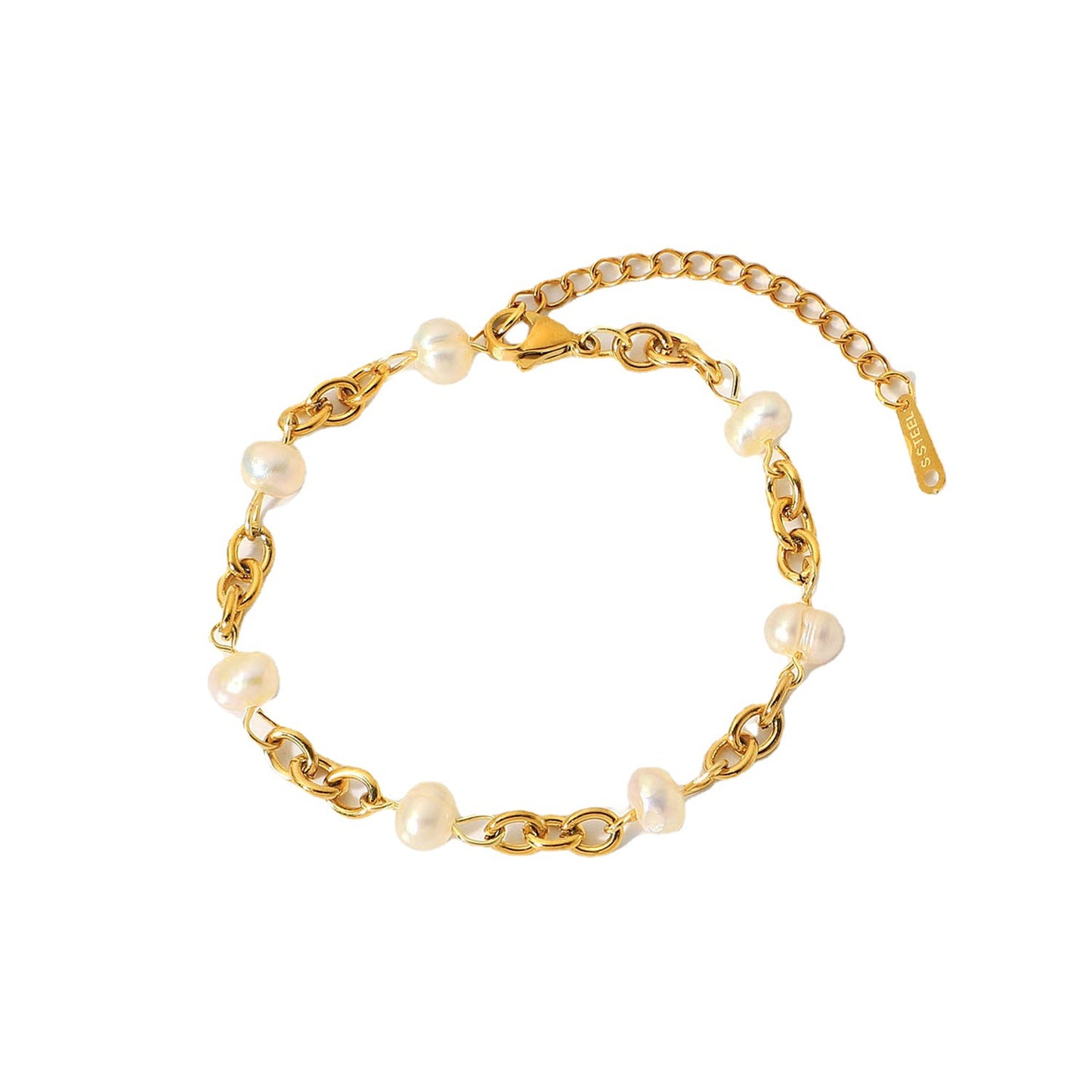 5pcs Hot Stainless Steel 18K Gold Plated 6 Natural Light Pearl Chain Bracelet Women's Bracelet