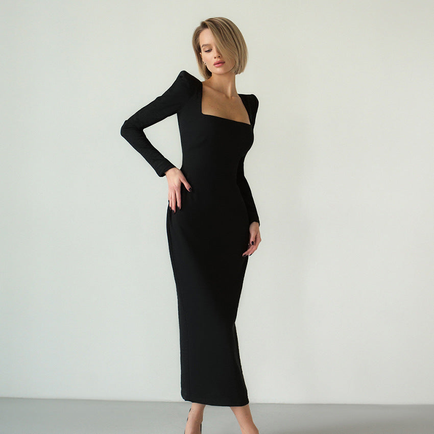 Autumn And Winter Women's Long Dress Square Collar Temperament Little Black Dress Slim-Fit Bag Hip Design Dress