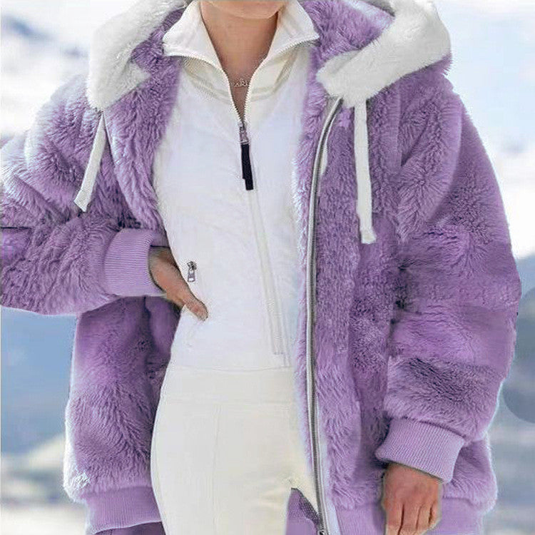 Hot New Fall/Winter Plush Zipper Hooded Coat Lady