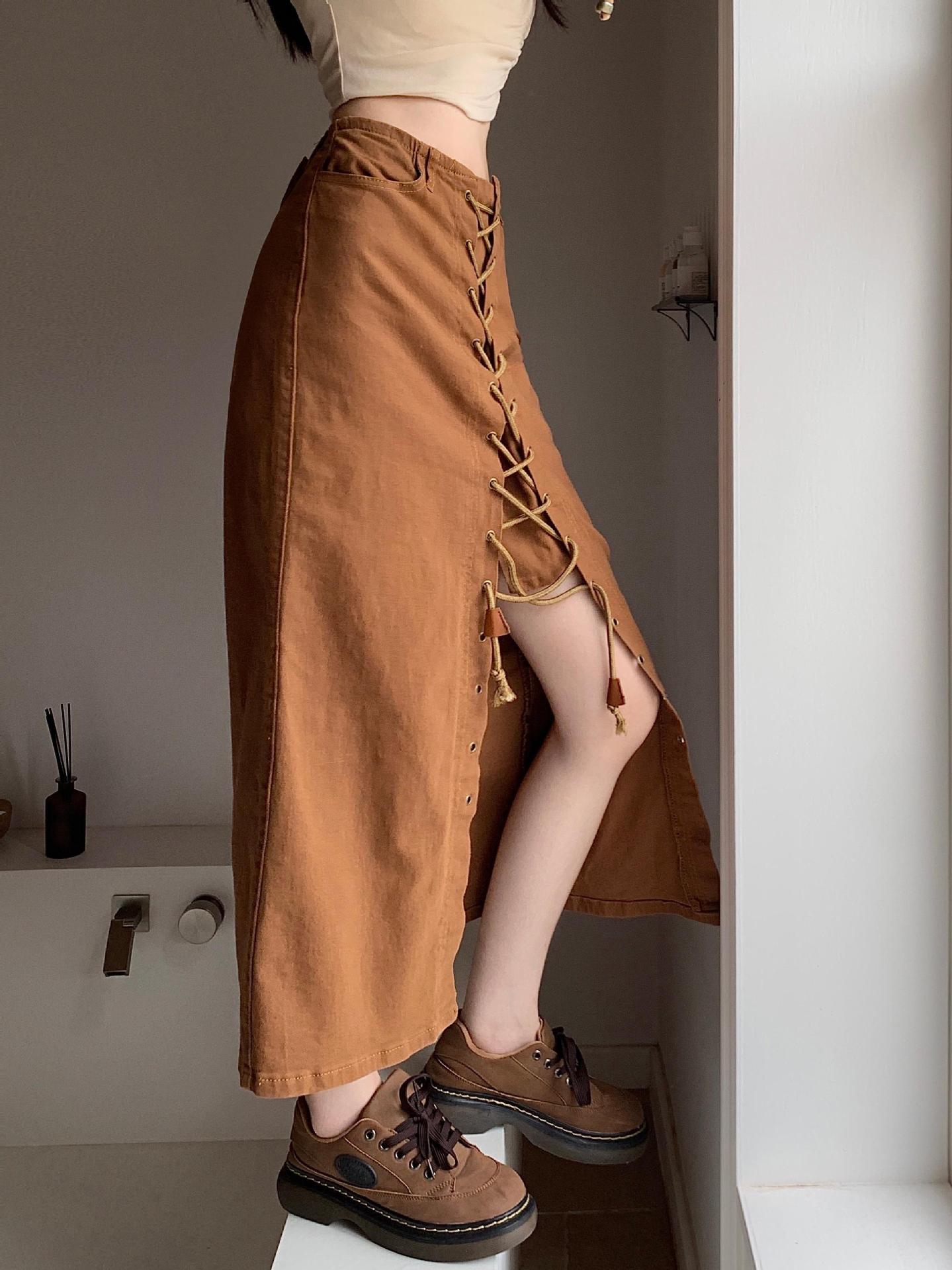 Big Size Fat Mm Retro Brown Denim Skirt Female Autumn New Spice Girl Strap Design Feeling Wrapped Hip Skirt