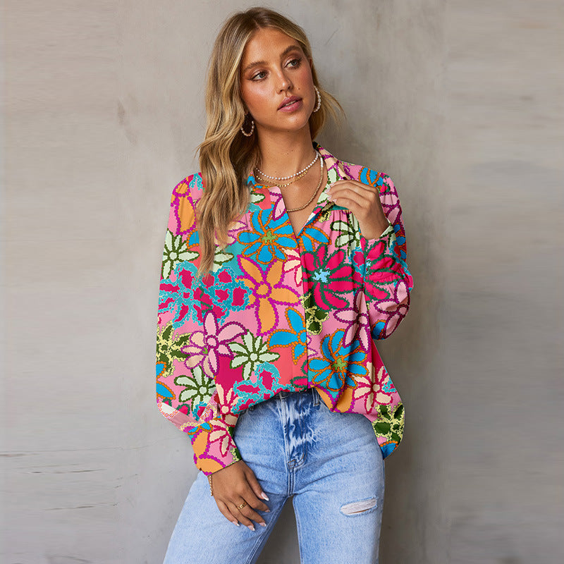 Autumn New Multi-Color Bubble Sleeve Shirt Women Thin Loose Flower Print Long Sleeve Blouse Women