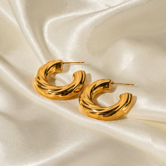 5pcs New Geometric Titanium Steel Earrings 18K Gold Plated Stainless Steel Bevel Ribbed C-Shaped Earrings For Women