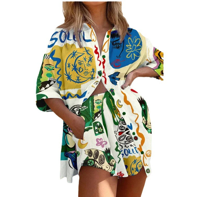 Spring And Summer New Short-Sleeved Shirt Casual Set Loose Vacation Pocket Two-Piece Set For Women