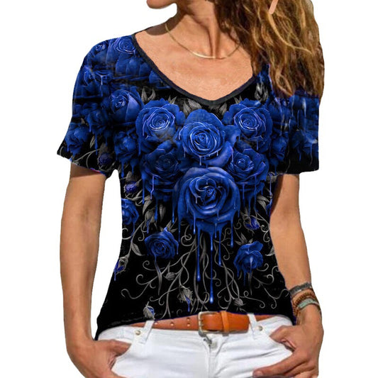 Summer New Women's New Short Sleeve Rose Print T-Shirt Woman