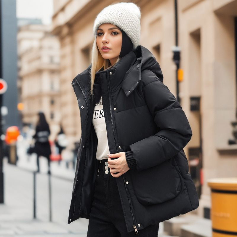 Oversize College Style Fashion Simple Korean Version Hooded Stand Collar Cotton-Padded Coat Female Autumn And Winter Niche Thickened Cotton-Padded Coat