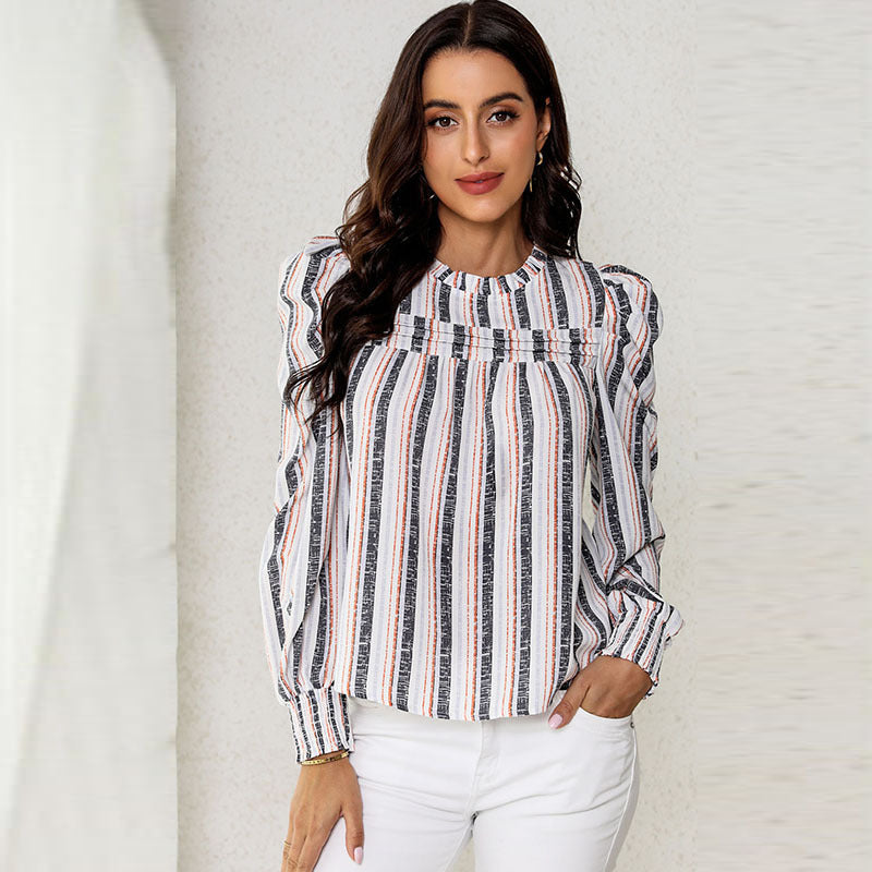 Thin Simple Striped Chiffon Shirt Women's New Autumn Pullover Round Neck Long Sleeve Blouse Women