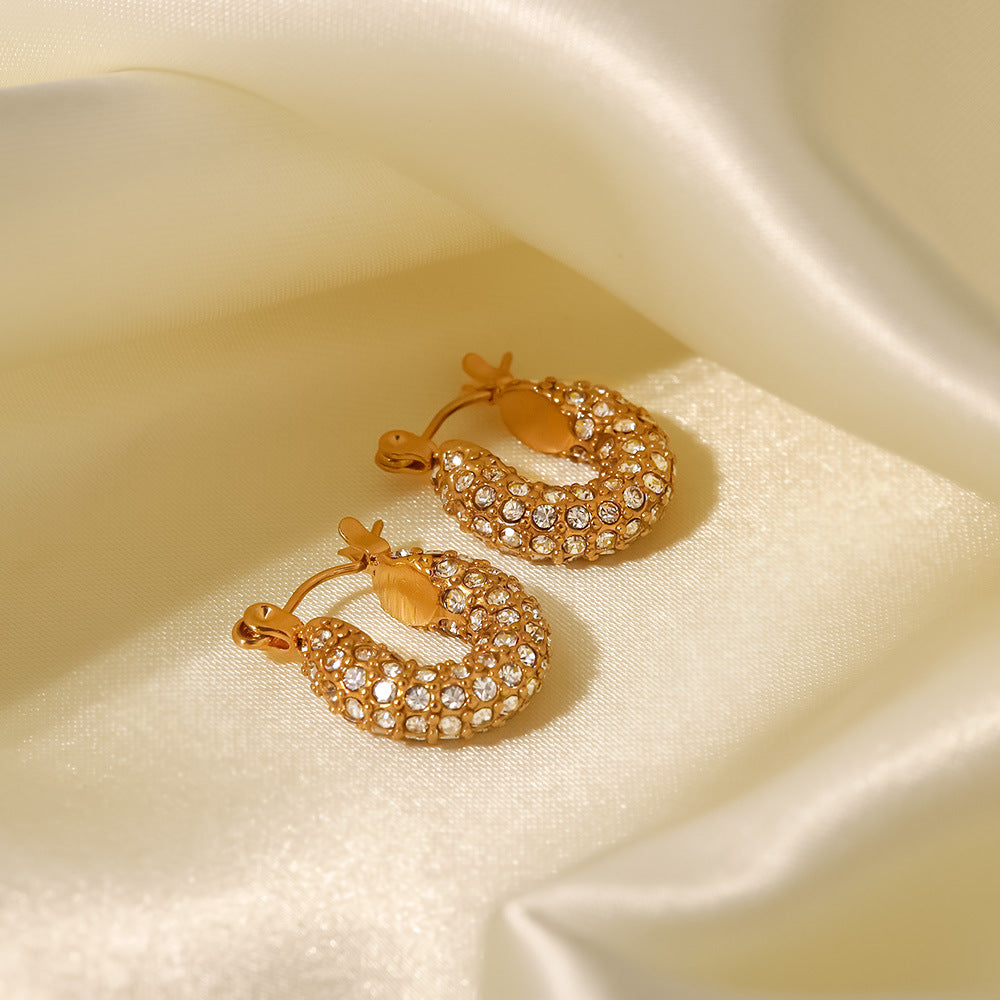 5pcs New Fashion Earrings 18K Gold Plated Stainless Steel Inlaid Green/White Square Zircon Ring Earrings