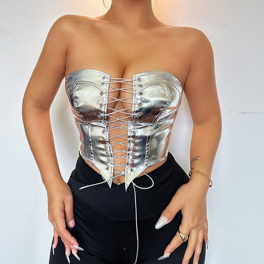 Summer New Fashion People All Fit Bright Leather Strap Girded Waist Spice Girl With Chest Vest Woman