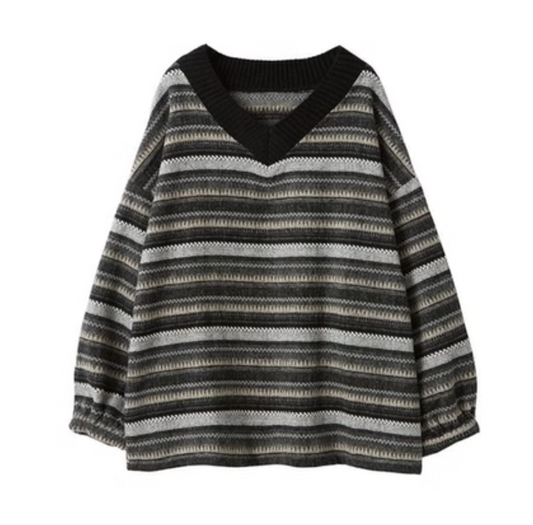Autumn/Winter Striped V-Neck Lazy Style High-End Sweater for Women