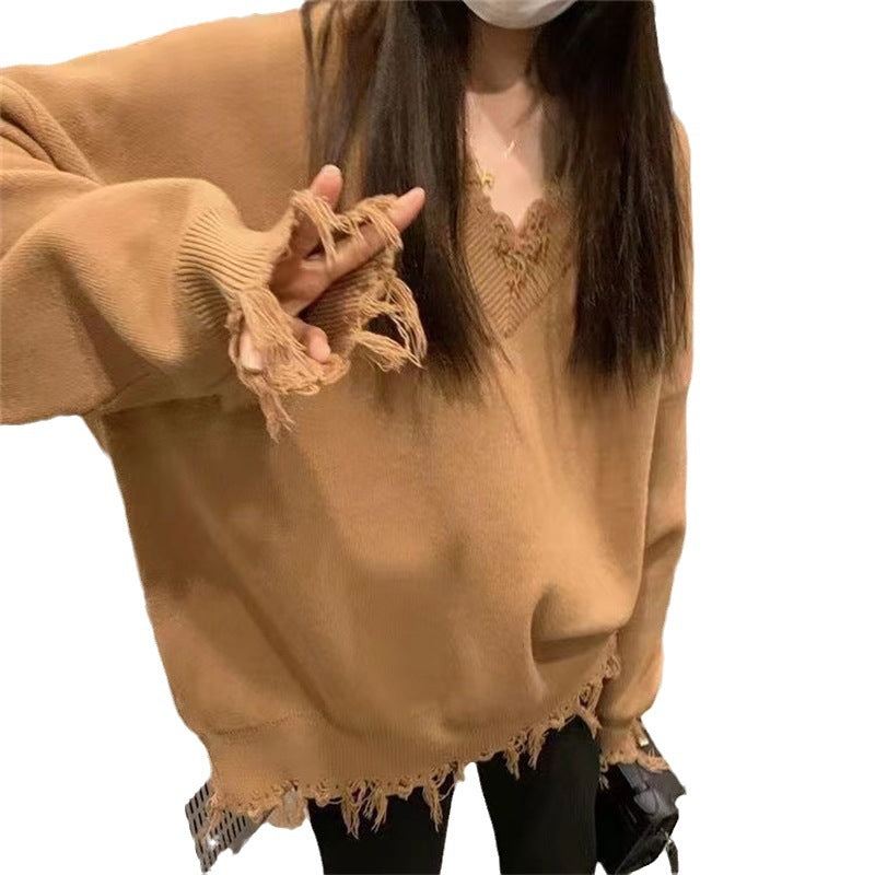 Autumn And Winter New V-Neck Sweater Women Loose Long-Sleeved Lazy Pullover Sweater Design Feeling Broken Sweater