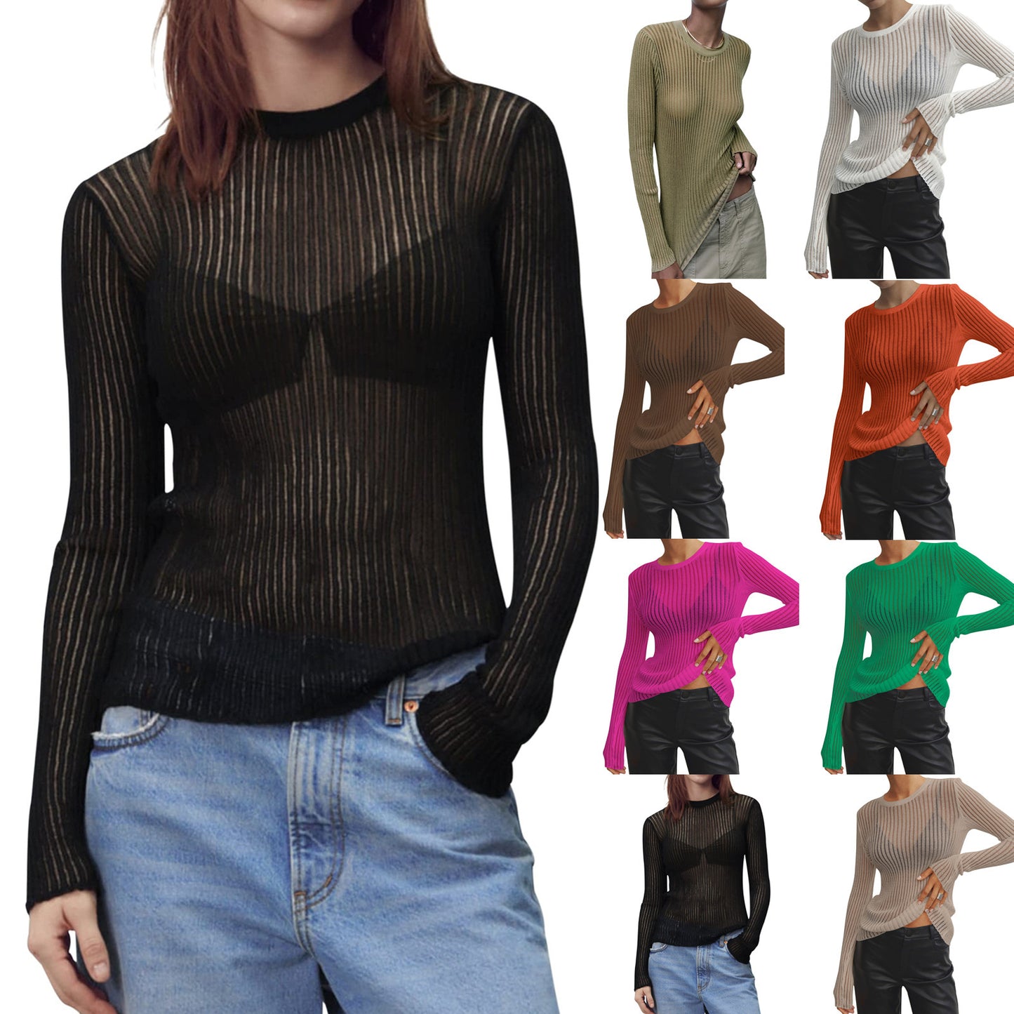 Spring And Summer New Solid Color Long Sleeve Pit Strip Round Neck Breathable Top For Women