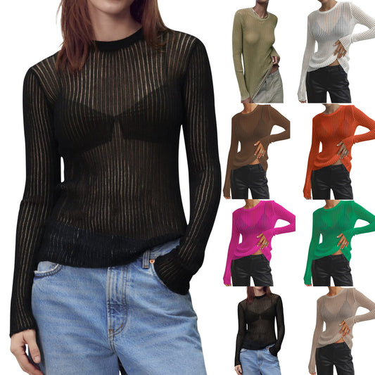 Spring And Summer New Solid Color Long Sleeve Pit Strip Round Neck Breathable Top For Women