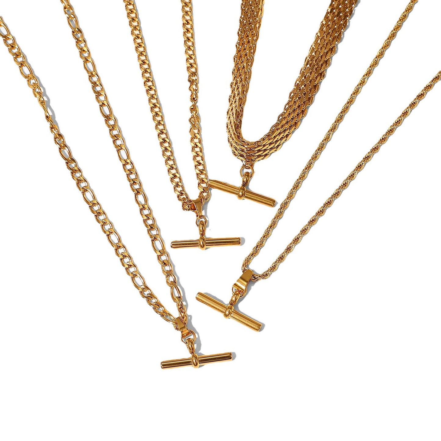 5pcs Punk Hip Hop 18K Gold Stainless Steel T-Stick Pendant Rope Chain/Figaro Chain/Cuban Chain Choker Necklace