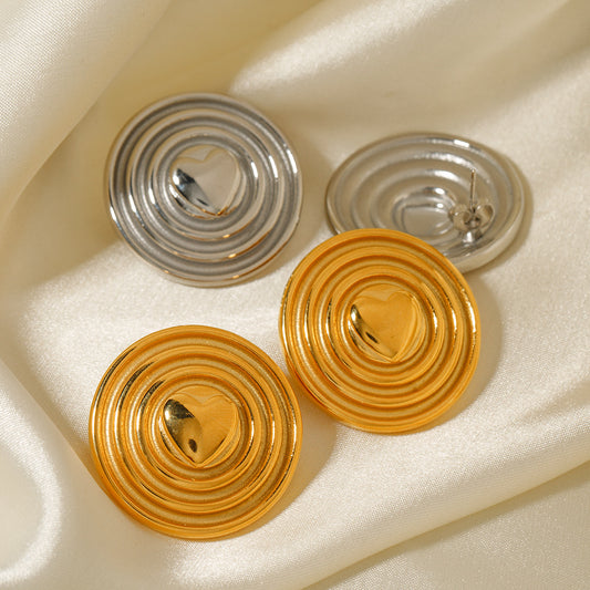 5pcs Gold Stud Earrings Fashion Personality 18K Gold Stainless Steel Centre Heart Round Corrugated Earrings
