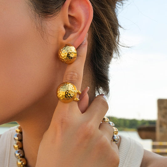 5pcs 18K Gold Stainless Steel Chubby Hammer Line Round Ball Back Half Round Hollowed Out Ring Geometry