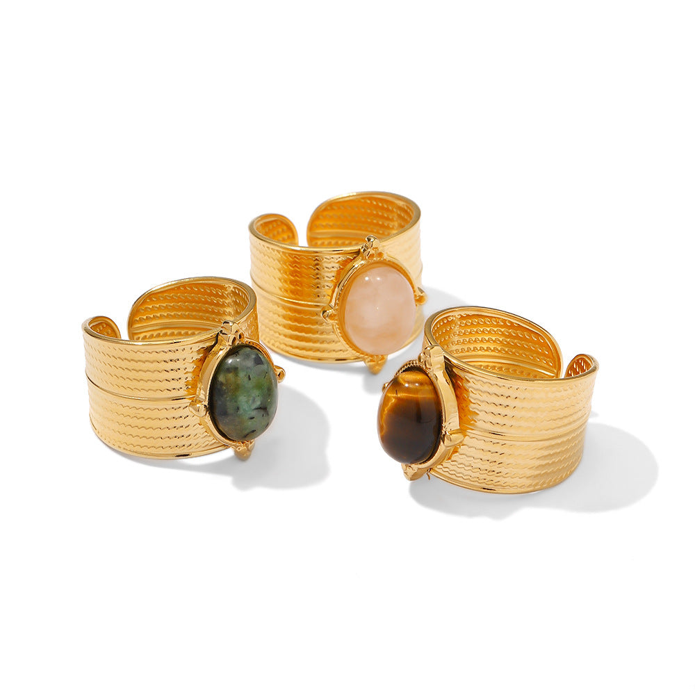 5pcs 18K Gold Stainless Steel Broad-Face Stone Adjustable Ring Hip Hop Men's And Women's Fashion All-Match Titanium Steel Ring