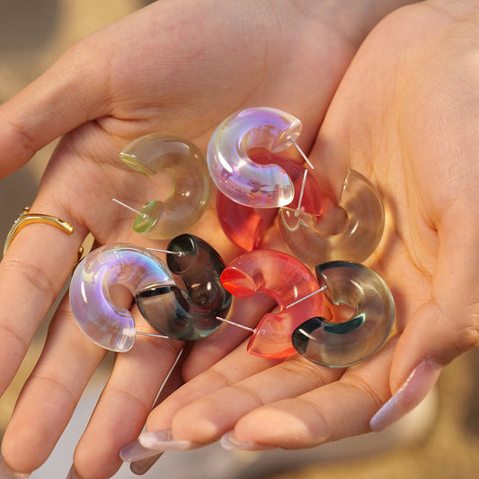 5pcs Simple Daily Jewelry Solid Color Transparent Environment-Friendly Resin Semi-Round Steel Needle Earrings Resin Twist Ring Trendy Earrings