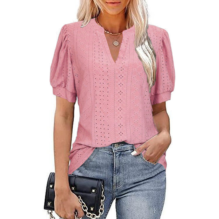 Spring And Summer Casual V-Neck Solid Color Hollow Puffy Sleeve Loose T-Shirt