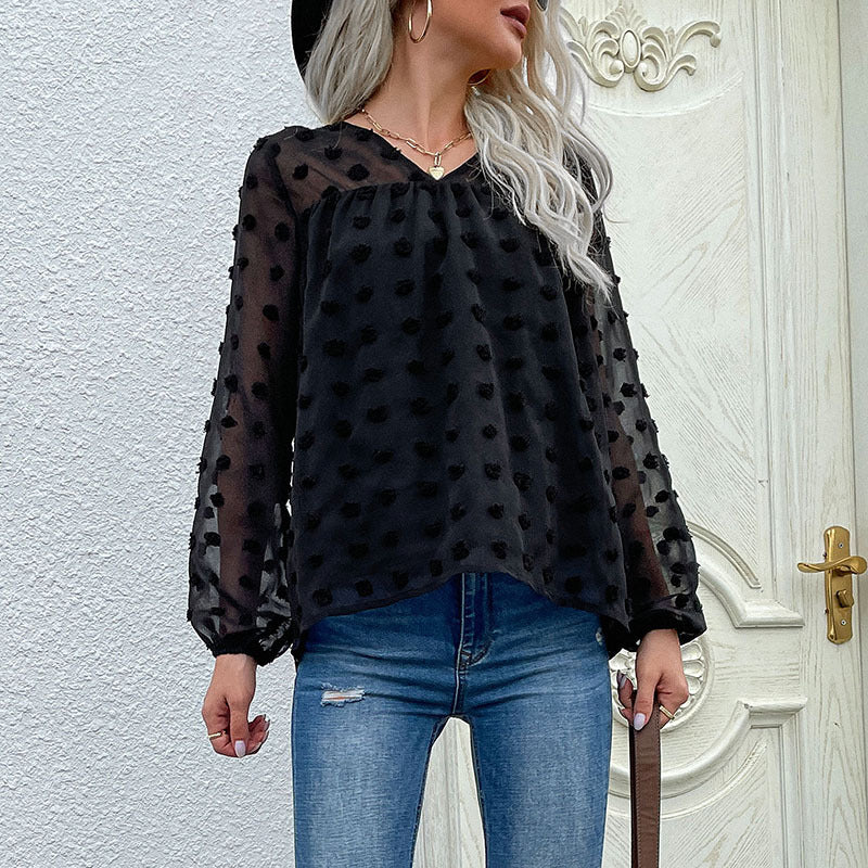 Long Sleeve V-Neck Black Chiffon Shirt Hairball Jacquard Jumper New