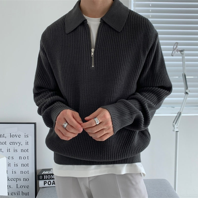Polo Neck Sweater Men's Winter Thickened Loose Half Zip Knit Autumn And Winter Lazy Day Vintage Fashion Coat