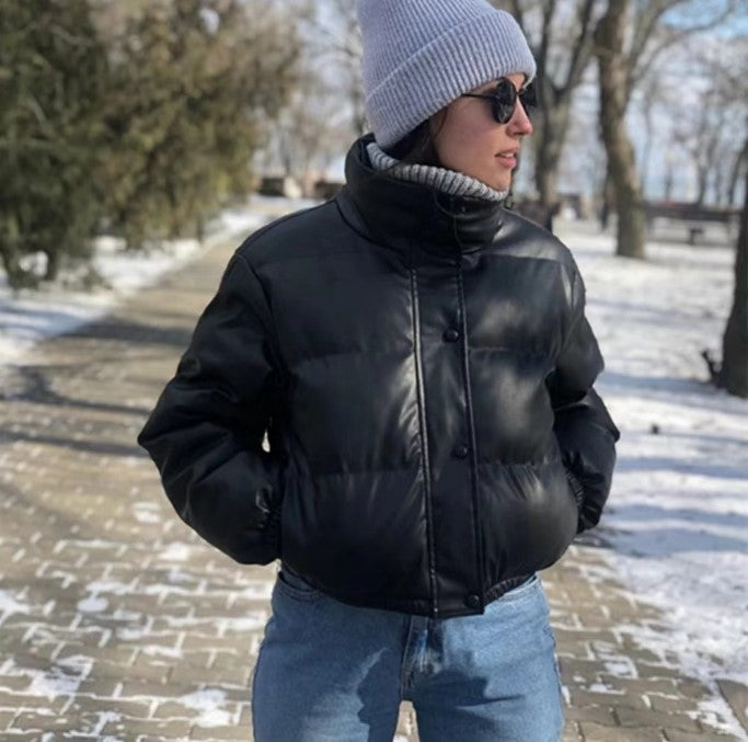 Aliautumn And Winter Leather Cotton-Padded Clothing Style Standing Collar Leather Coat Women Warm Short Bread Clothing