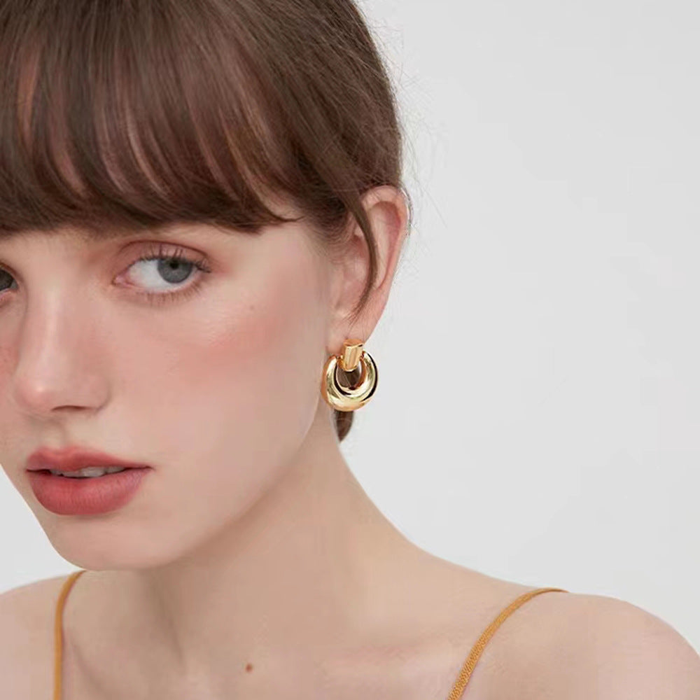 5pcs Niche Simple Retro New 18K Gold High Grade 18K Gold Stainless Steel Round Pendant Earrings