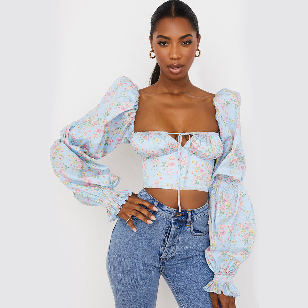 Fashion Women's Square Collar Floral Long Sleeve Hollow Low-Cut Crop Zipper Trumpet Sleeve Top