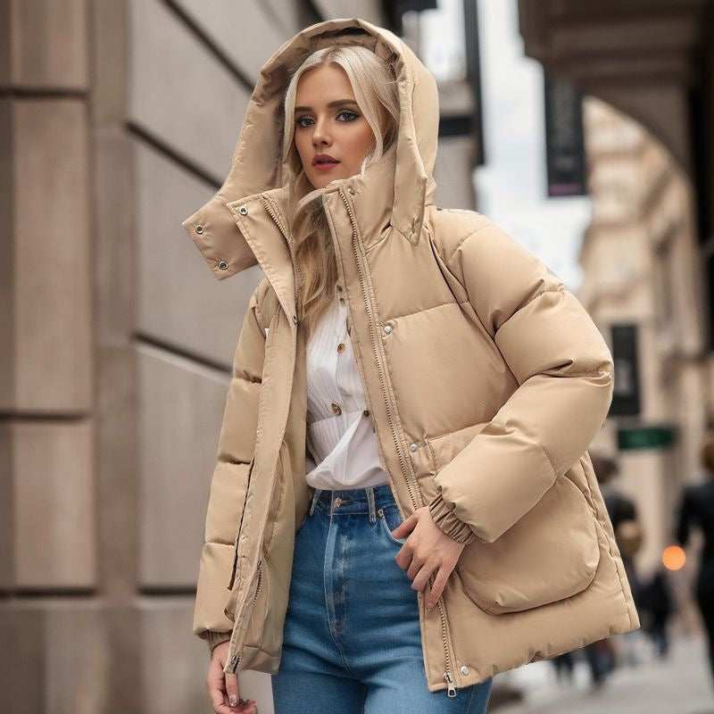 Oversize College Style Fashion Simple Korean Version Hooded Stand Collar Cotton-Padded Coat Female Autumn And Winter Niche Thickened Cotton-Padded Coat