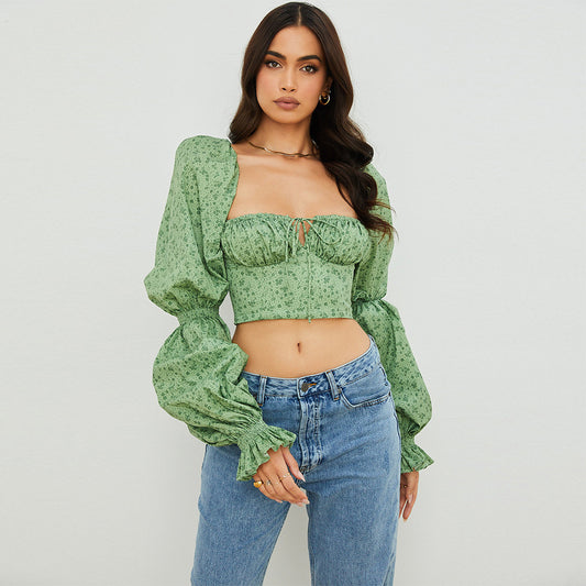 Fashion Women's Square Collar Floral Long Sleeve Hollow Low-Cut Crop Zipper Trumpet Sleeve Top