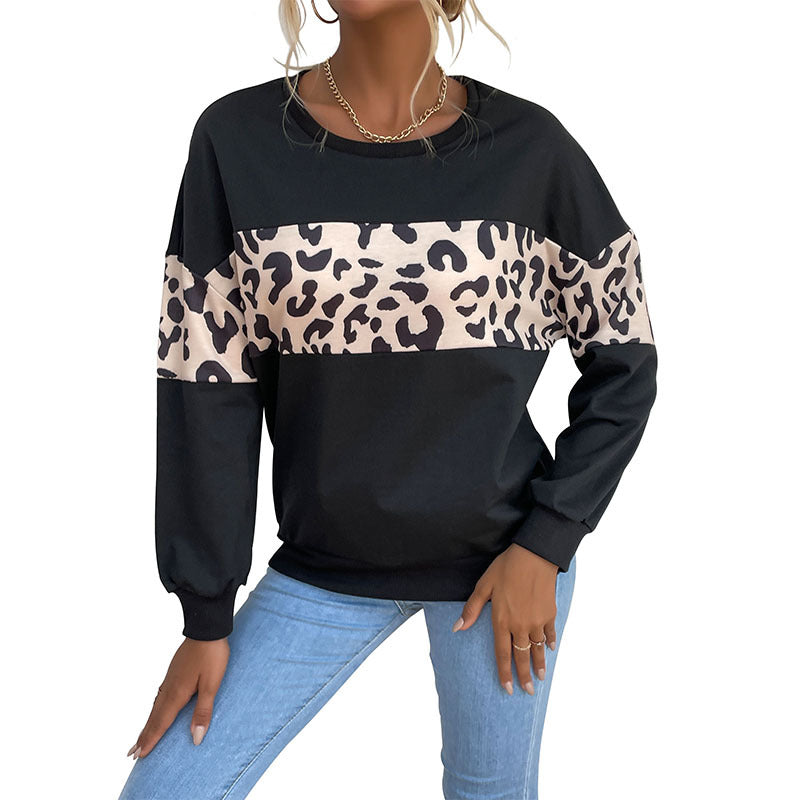 Early Autumn New  Women's Pullover Splicing Round Neck Black Leopard Print Hoodie