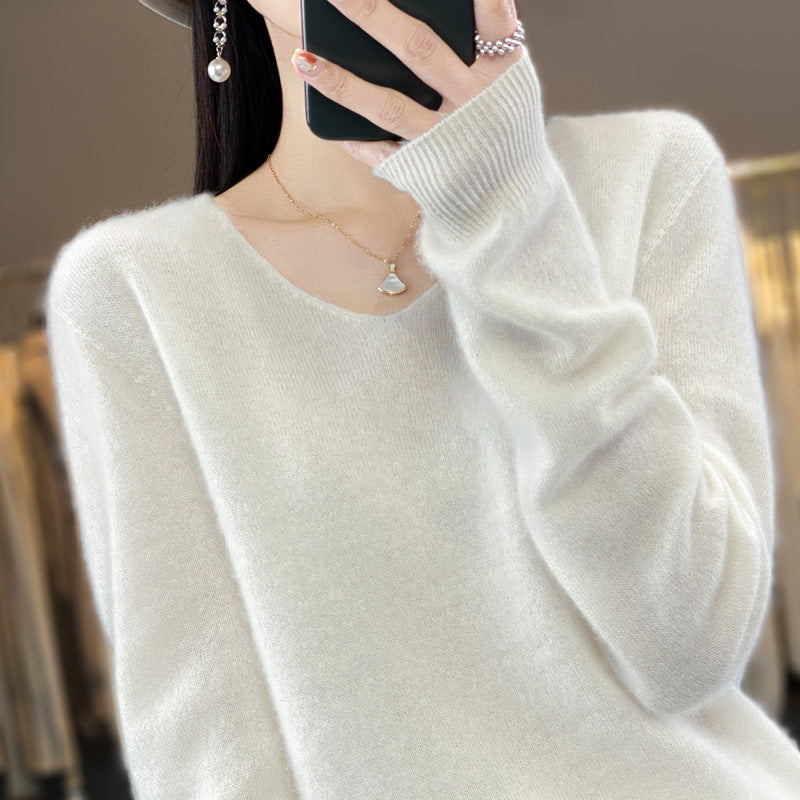 100 Pure Wool Knitwear Women's V-Neck Pullover Loose Base Shirt Autumn And Winter New Solid Color Sweater