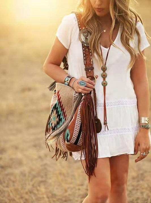 Retro Hand-Woven Flow Of Cotton And Linen Shoulder Bags For Women's Bags