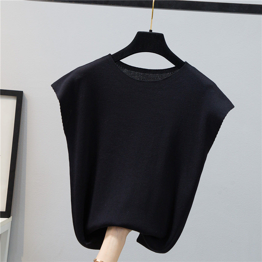 Summer Women's Solid Color Knitted T-Shirt Short Sleeve Ice Silk Color Contrast Design Thin