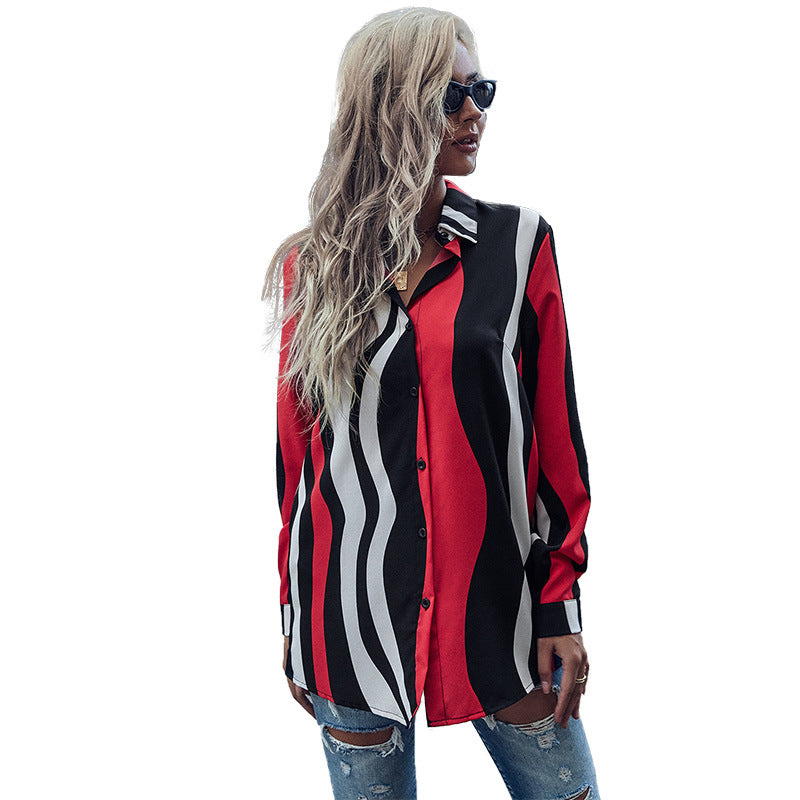 Early Autumn Fashion Women's Long-Sleeved Lapel Striped Shirt