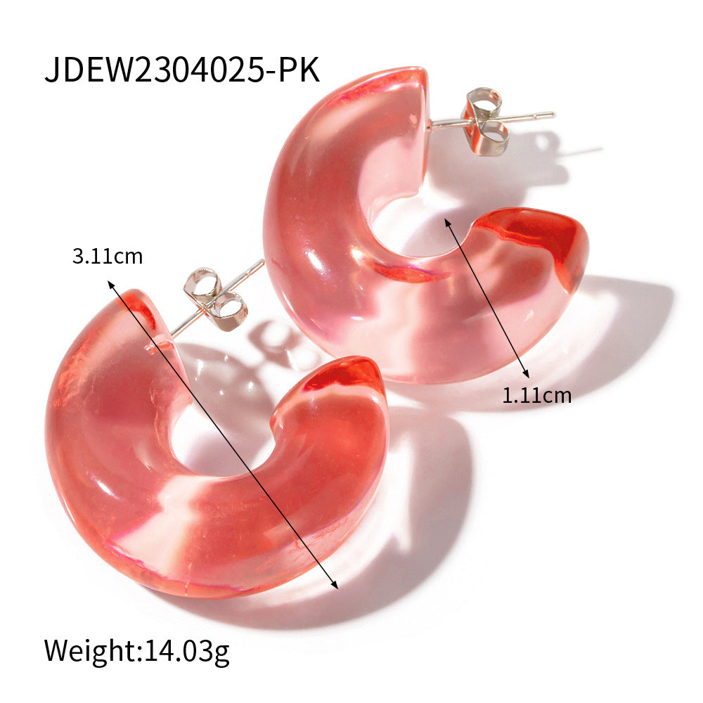 5pcs Simple Daily Jewelry Solid Color Transparent Environment-Friendly Resin Semi-Round Steel Needle Earrings Resin Twist Ring Trendy Earrings
